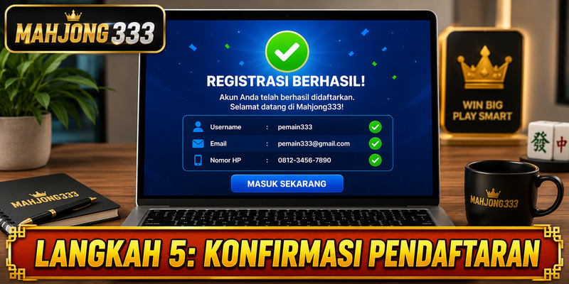 Konfirmasi pendaftaran Mahjong333 setelah registrasi berhasil